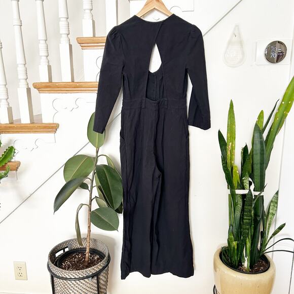 Free People Back Into It Jumpsuit Black Cotton Wide Leg Button Front Size XS - Picture 5 of 7